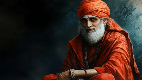 Gentle sage in warm orange robes sharing quiet wisdom.