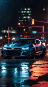 Neon rainstorm muscles a midnight blue street racer.