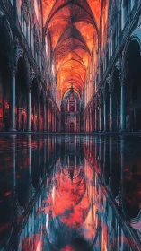 Gothic cathedral interior glows with fiery mirrored vaults.