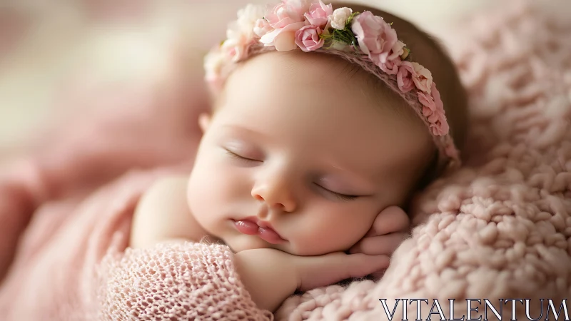 Sleeping infant crowned with pink floral wreath.