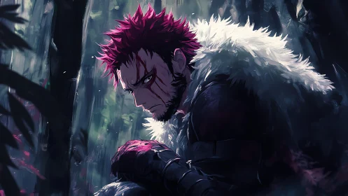 Wounded red haired warrior resting in shadowed forest.
