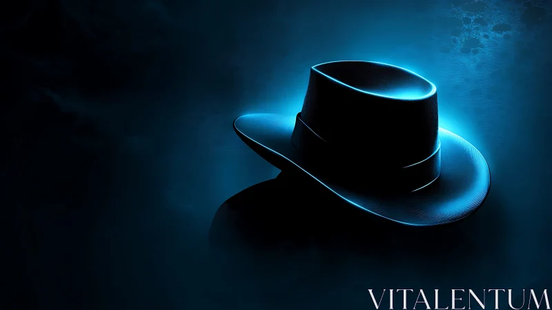 Glowing blue fedora resting in a dreamy midnight haze.