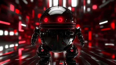 Glossy black robot in red illuminated digital corridor.