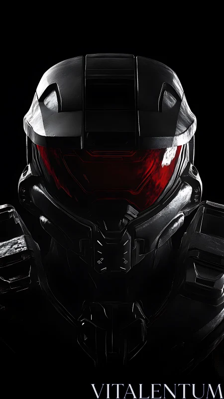 Midnight armored visor with a quiet red electric gaze.