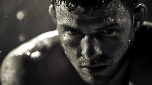 Intense Portrait with Water Droplets and Dramatic Lighting