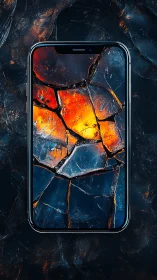 Smartphone screen displays cracked molten glass pattern