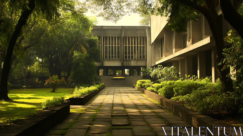 Modernist campus courtyard with stone path in golden sunlight
