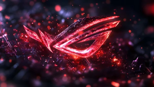 Futuristic glowing red ROG emblem over dark digital background.