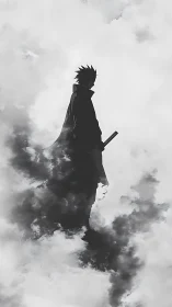 Lone anime swordsman silhouette emerges through pale mist.
