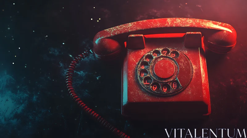 Vintage red rotary phone glows softly in moody light