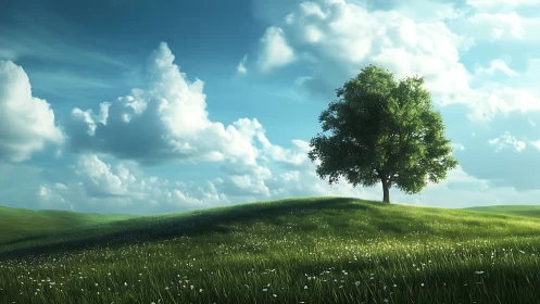 Single tree on windswept hill under volumetric cloud-lit sky