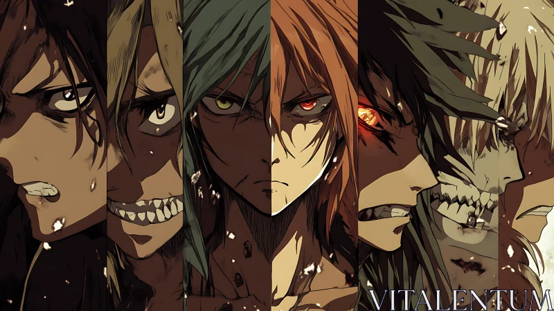 Intense split portrait of six fierce anime warriors.