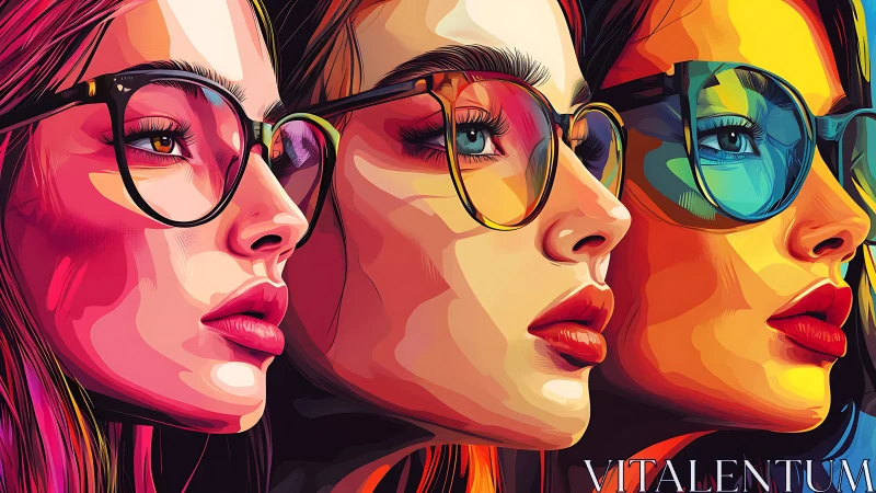 Pop art portrait triptych in vivid overlapping vector planes.