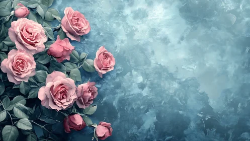Pink Garden Roses Against Textured Blue Backdrop.