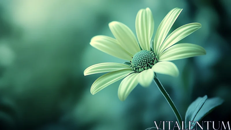 Pale Green Daisy Glowing in Soft Teal Garden Light.