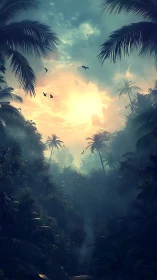 Tropical canopy at sunrise with misty atmospheric depth.