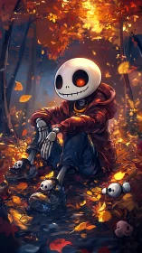 Autumn forest skeleton kid in hoodie with glowing eye sockets.