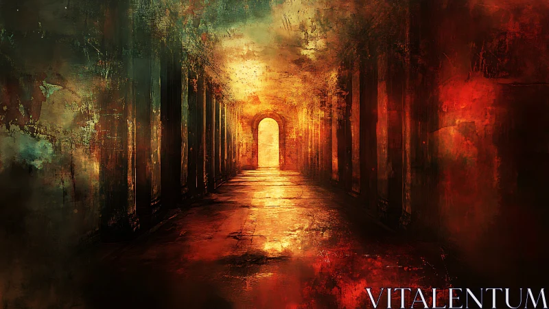 Luminous corridor receding to arched portal with volumetric glow