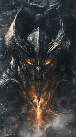 Demonic molten helm emerges from swirling ash and flame.
