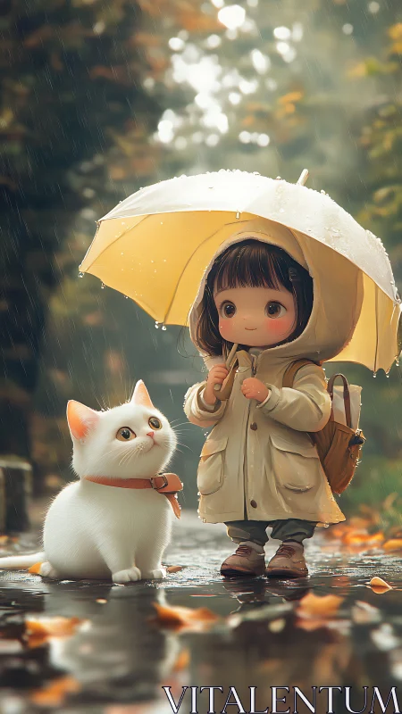 Child and white cat under umbrella in rainy autumn street.
