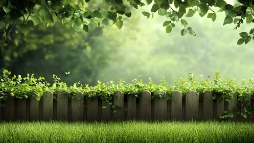 Wooden garden fence with dense green leaves and grass.