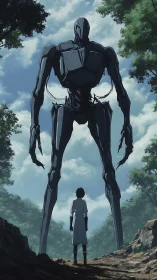 Towering biomechanical giant confronts lone figure in forest.