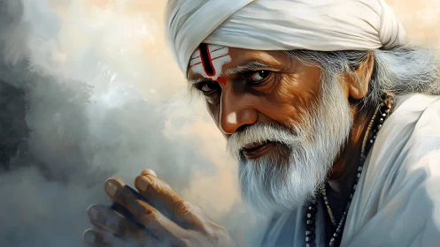Reverent elder in white turban within misted ambience.