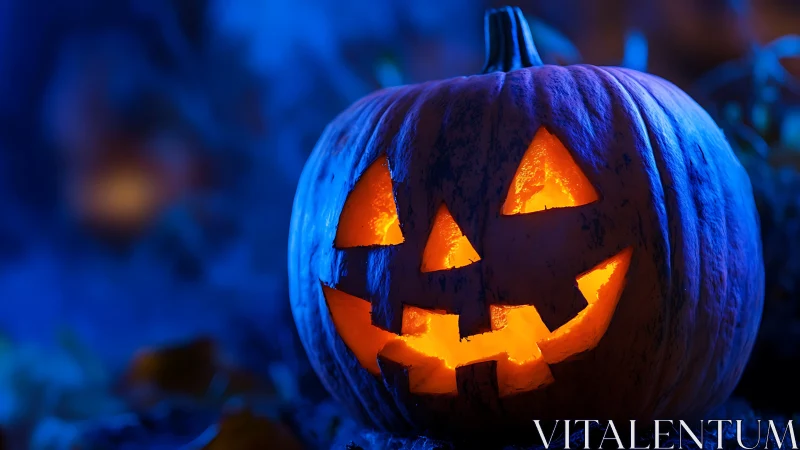 Glowing jack-o’-lantern grins in eerie blue night light.