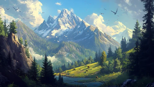 Snow-covered mountain range overlooks sunlit forest valley