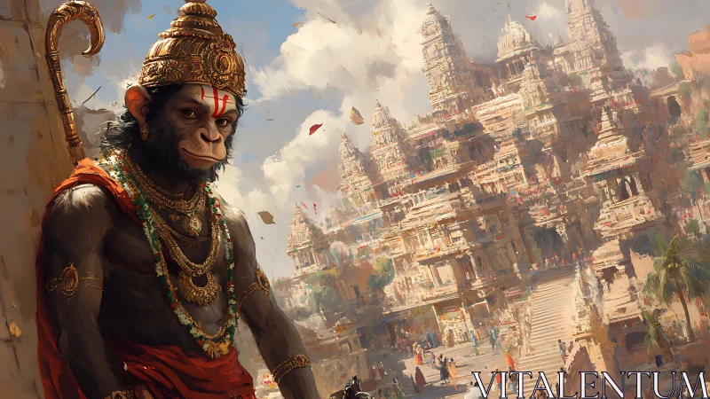 Mythic simian guardian before monumental South Indian temple