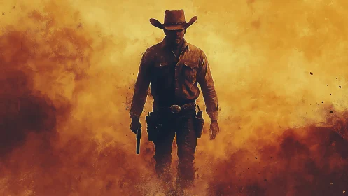 Lone cowboy strides through blazing desert dusk haze.