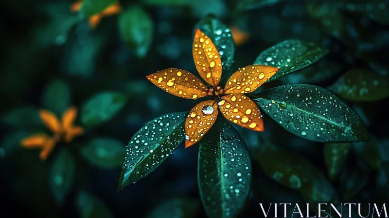 Rain-kissed ember petals glow against the midnight garden