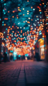 City street bokeh lights glow over dusk pedestrian path.