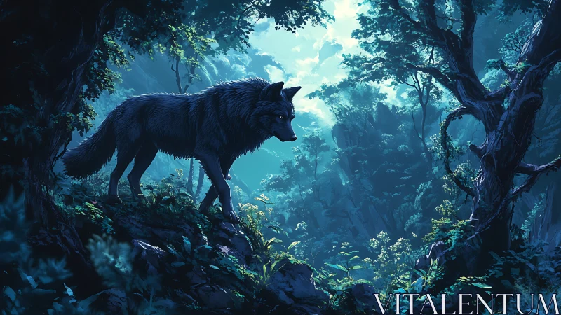 Moonlit forest sentinel wolf under emerald-shadowed canopy.