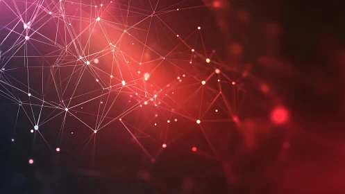 Abstract digital network with glowing nodes in a red gradient style.