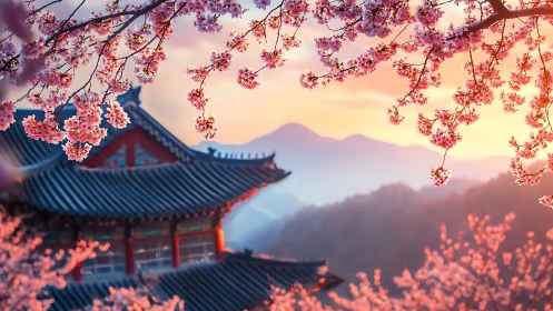 Cherry blossoms framing traditional pavilion at pastel sunset