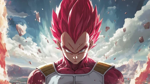 Crimson-haired warrior under turbulent atmospheric rupture.