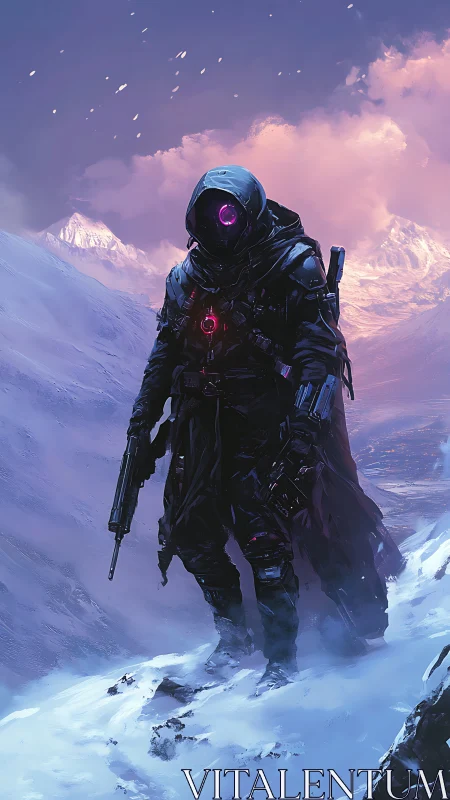 Armored figure with rifle in snowy mountainous landscape.