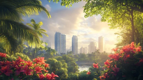 Tropical city skyline framed by lush flowers at sunrise.