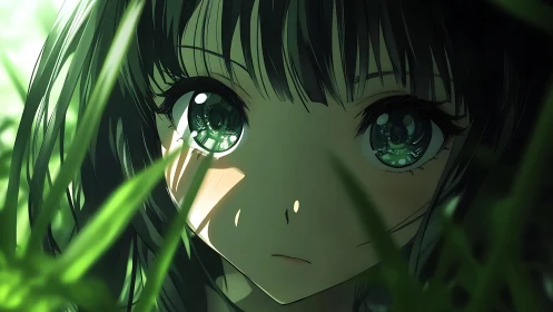 Girl with reflective green eyes lying hidden in grass