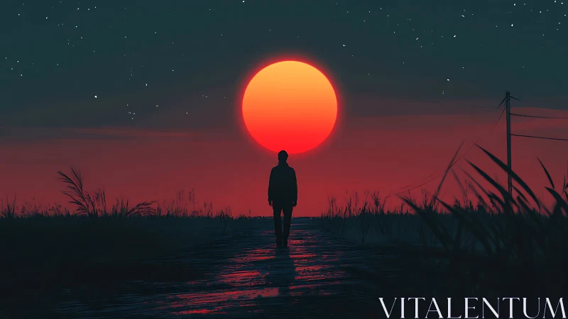 Quiet road under a blazing red moon and scattered stars.