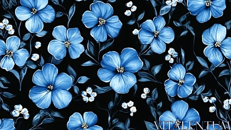 Graceful Blue Flowers Dance Across a Midnight Canvas