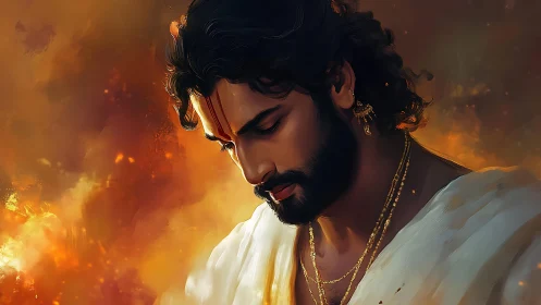 Male figure in traditional attire against diffuse warm glow.