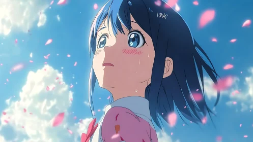 Blue haired anime girl under dynamic sky with sakura petals