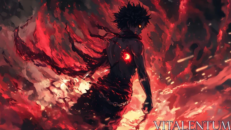 Dark silhouetted figure stands amid swirling red energy field