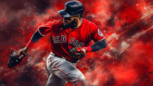 Baseball player in Red Sox uniform against red abstract field.
