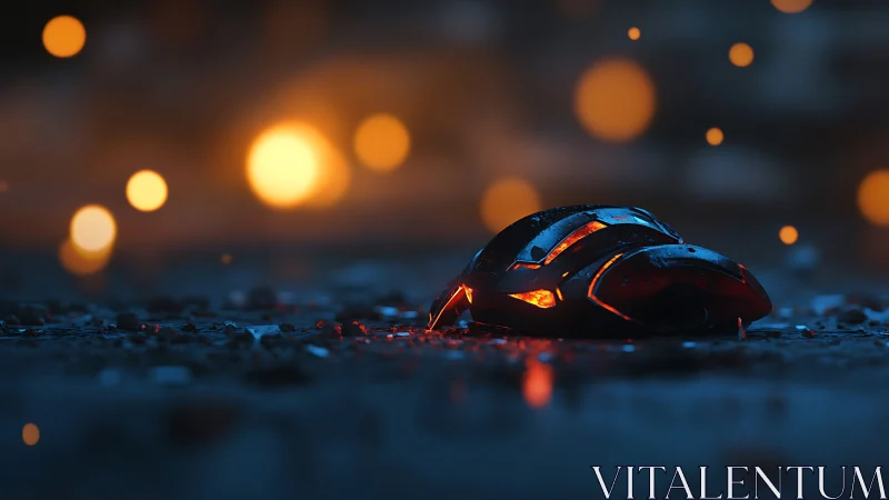 Futuristic gaming mouse on wet ground with blurred lights.