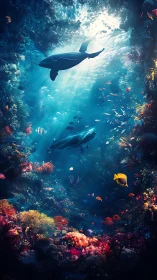 Digital painting of illuminated whales above vibrant coral reef.