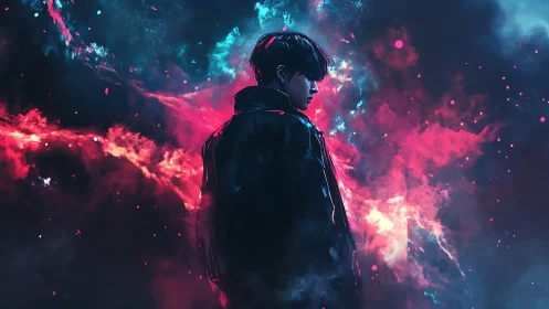 Neon-lit silhouette within cosmic magenta and cyan vortex.