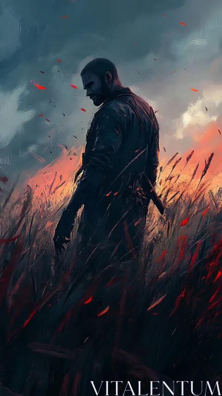Solitary armed figure in wind-swept field under storm sky.